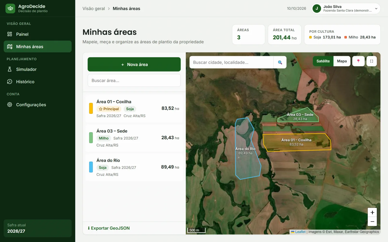 Tela de áreas com três lavouras desenhadas sobre o satélite, somando 201 hectares